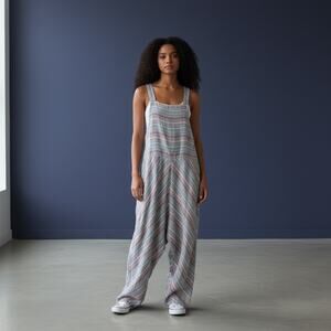Locker Room Linen Cotton Striped Overall Jumpsuit S/M Pink Beige Wide Leg Boho